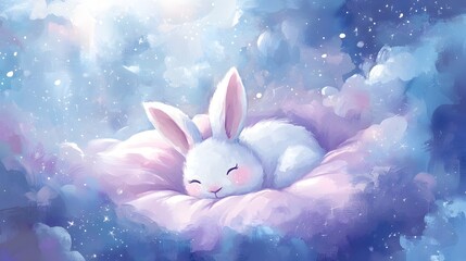 A rabbit is sleeping on a pillow