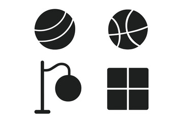 Recreational balls icons set, solid filled vector of handball, kickball, tetherball, foursquare ball, sports equipment vector illustration on transparent background
