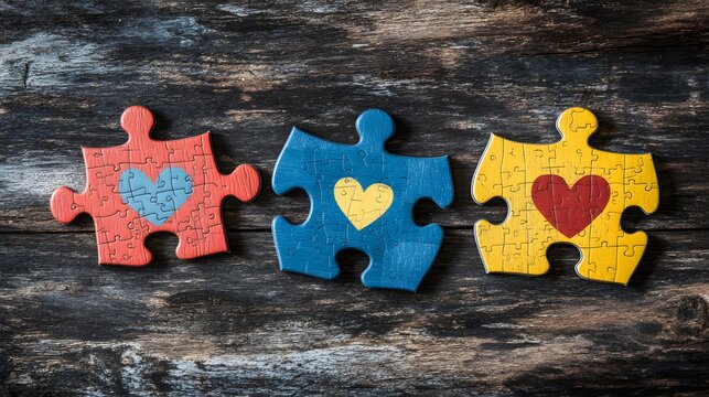 Colorful Puzzle Pieces with Heart Shape on Rustic Wooden Background - Powered by Adobe