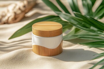 Eco-friendly bamboo jar on sandy surface with green leaves highlight