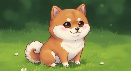 Generative AI Cute Shiba Inu Puppy Illustration Shiba inu Dog Grass Daisy Animal Pet Sitting Cartoon Friendship Joy Happiness Innocence Playful Nature Spring Wholesome