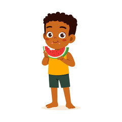 Happy African Boy Eating Watermelon Slice Standing Cutout Illustration