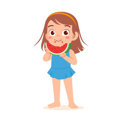 Happy Caucasian Girl Enjoying Watermelon Slice in Blue Dress with Joyful Expression