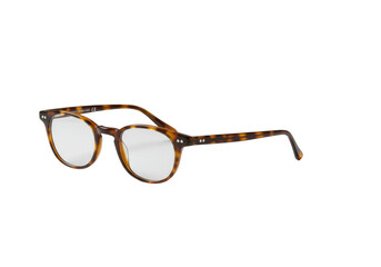 Sleek, modern eyeglasses with warm brown tortoise-shell frames and clear lenses, on transparent marble with minimalist backdrop, conveying intellectual clarity and insight