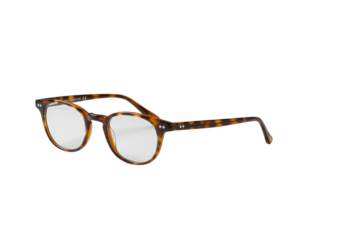 Sleek, modern eyeglasses with warm brown tortoise-shell frames and clear lenses, on transparent marble with minimalist backdrop, conveying intellectual clarity and insight