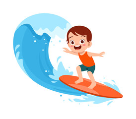 Happy Smiling Boy Surfing on a Wave in Illustration Style Having Fun in the Water