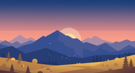 Mountain landscape illustration at sunset with trees and flying birds