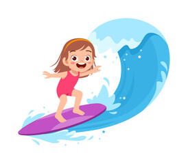 Happy Girl Surfing with Wave Cartoon Illustration Vector Graphic Design