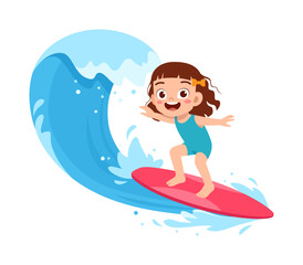 Happy Little Girl Surfing on a Red Board Wearing Blue Swimsuit Riding a Wave Illustration