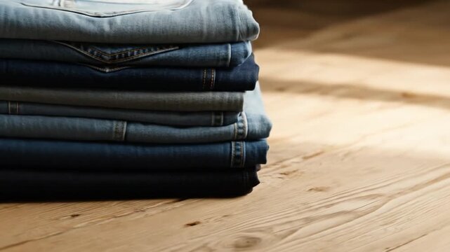 A neatly folded stack of various shades of blue denim jeans resting on a warm wooden floor, illuminated by natural light.
