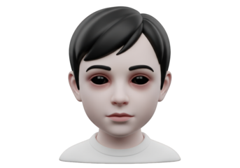 Eerie 3D Render of a Boy with Black Eyes and Pale Skin Depicting the Supernatural with a Cartoonish Style on a Transparent Background for Digital Compositing