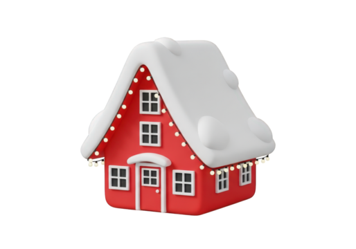 Charming 3D Render of a Red House Covered in Snow with String Lights on a Transparent Background Ideal for Winter-Themed Digital Art and Design Projects