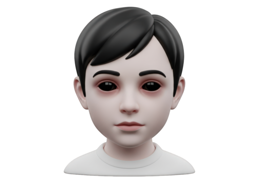 Eerie 3D Render of a Boy with Black Eyes and Pale Skin Depicting the Supernatural with a Cartoonish Style on a Transparent Background for Digital Compositing