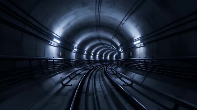Smooth forward movement through a dark and futuristic curved subway tunnel with cool blue lighting illuminating the empty railway tracks