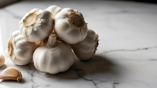 Close-up of a bunch of garlic bulbs on a marble surface.