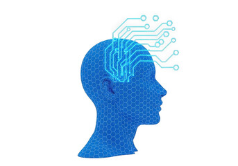 Obraz premium Futuristic 3D Render of a Human Head with Integrated Circuitry, Representing Artificial Intelligence, Neural Networks, and Advanced Technology Concepts