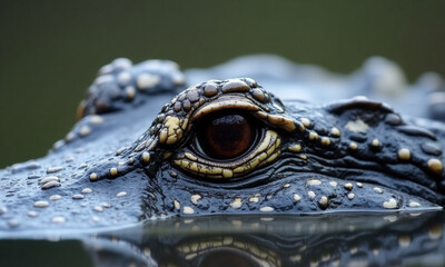 Obraz premium Image is a close-up photograph of an alligator's head partially submerged in water.
