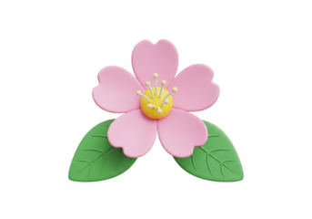 A Delicate 3D Pink Flower with Yellow Center and Green Leaves on a Transparent Background, Perfect for Spring, Nature, and Botanical Designs and Creative Projects