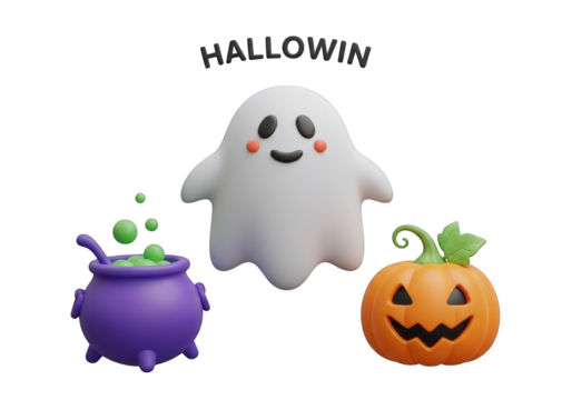 Whimsical 3D Render of Halloween Elements Featuring a Ghost, Cauldron, and Pumpkin, Perfect for Festive Designs and Celebratory Digital Art Projects