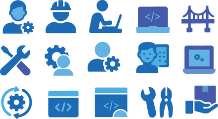 Engineering and Coding Icon Set – Developer, Tools, Gear, Laptop, Bridge, Construction, Blue Vector Clipart
