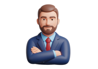 Dynamic 3D Illustration of a Confident Businessman with Arms Crossed, Wearing a Stylish Suit, Perfect for Conveying Leadership and Success in Business Contexts