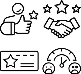 A collection of four line art icons representing customer feedback, satisfaction, agreement, and emotional response.