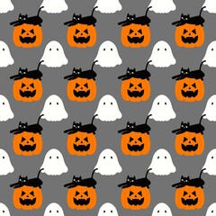halloween seamless pattern with pumpkins and cat