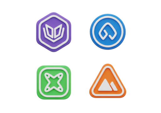 Collection of Four Unique 3D Rendered App Icons on Transparent Background, Perfect for UI Design, Mobile Applications, and Modern Digital Interfaces