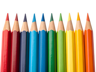 Closeup of a Row of Sharpened Colored Pencils isolated on transparent background