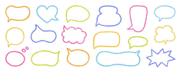Chalk pencil speech bubbles doodle set. Crayon communication frame, comic talk balloon in sketch style, Grunge texture. Hand drawn vector illustration isolated on white background
