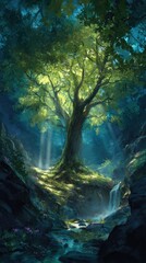 Lush forest glade, sunlit tree