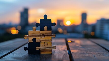 "Modern and thought-provoking image of stacked puzzle pieces against a sunset background"