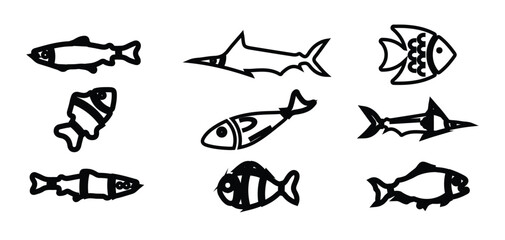 Fish related icons, Fish or seafood line art icons ,  Doodle fish icons set, sea fish collection, Vector illustration EPS 10.