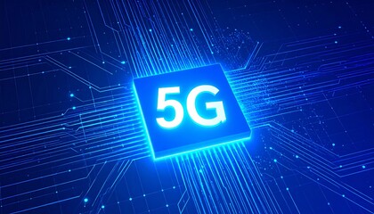 A glowing 5G icon is displayed against a complex network of illuminated circuit lines.