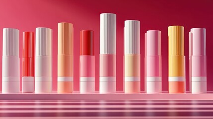 Fototapeta premium Row of colorful lip products on a pink surface