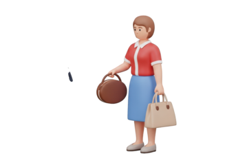 A Cartoon Woman Holding Two Bags on a Transparent Background, Suitable for Shopping or Lifestyle-Themed Designs and Illustrations, Perfect for Digital Art
