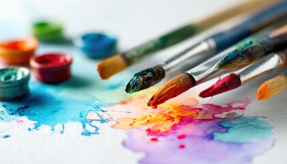 Obraz premium Colorful paintbrushes are dripping vibrant watercolor paint onto a canvas, creating a colorful abstract design, showcasing the beauty of artistic expression