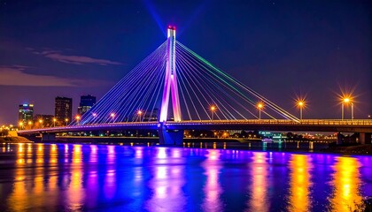Colorful Night Bridge over River in Cityscape.
