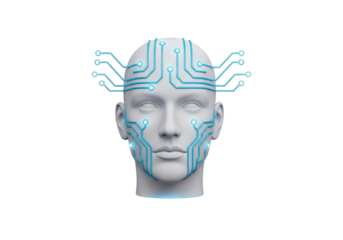Futuristic 3D Render of a Human Head with Circuit Board Design on a Transparent Background for Technology and Artificial Intelligence Concepts