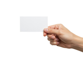 Obraz premium Light-skinned adult hand, meticulously groomed, presenting a pristine blank white rectangular card against a transparent studio background with ample copy space, concept of potential and opportunity