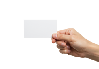 Light-skinned adult hand, meticulously groomed, presenting a pristine blank white rectangular card against a transparent studio background with ample copy space, concept of potential and opportunity