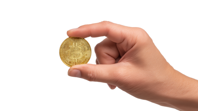 hand holding golden bitcoin coin, isolated on white background, crypto stock photo 