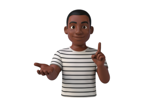 3D Cartoon Character Illustration of an African American Man with Striped Shirt Presenting an Idea on a Transparent Background for Creative Projects and Designs