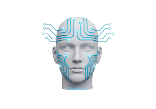 Futuristic 3D Render of a Human Head with Circuit Board Design on a Transparent Background for Technology and Artificial Intelligence Concepts