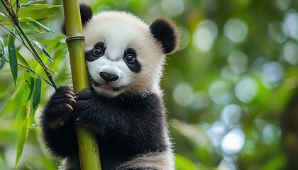Baby panda hugging bamboo stalk, soft diffused light, natural forest background