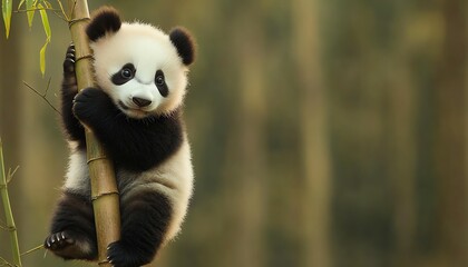 Baby panda hugging bamboo stalk, soft diffused light, natural forest background