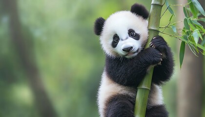 Baby panda hugging bamboo stalk, soft diffused light, natural forest background