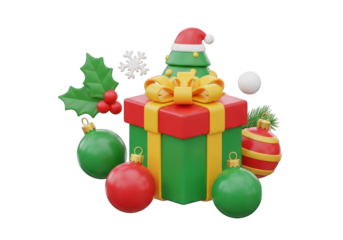 Festive 3D Scene Featuring a Gift Box, Ornaments, Holly, and a Small Tree with a Santa Hat on a Transparent Canvas for Holiday Designs
