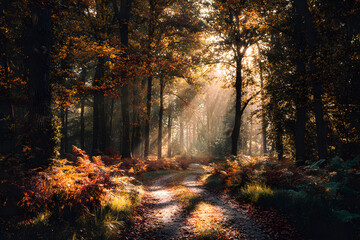 Fototapeta premium Autumn Path with Golden Sunlight