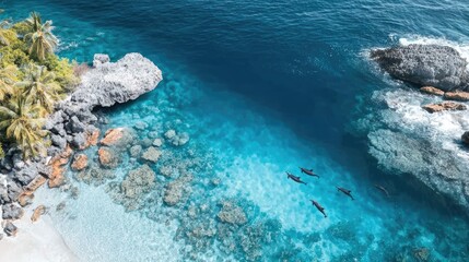 A pod of dolphins swimming near a coral reef, crystal-clear turquoise water, seen from above, elegant underwater movement 